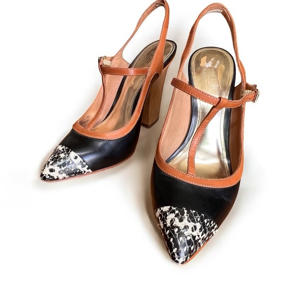 ⭐️ Coach Black Tan Slingback Heels T-Strap with Chunky Heel Size 8B - Picture 8 of 14